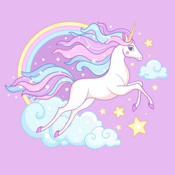 istock White unicorn with rainbow mane runs across the sky. Vector illustration 2172149715
