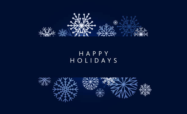 Happy Holidays Greeting card abstract snowflakes shape design template in dark blue Vector illustration of Happy Holidays Greeting card abstract snowflakes shape design template in dark blue. Invitation card design on a rich dark blue background. Easy to customize. Download includes vector eps and high resolution jpg. happy holidays stock illustrations