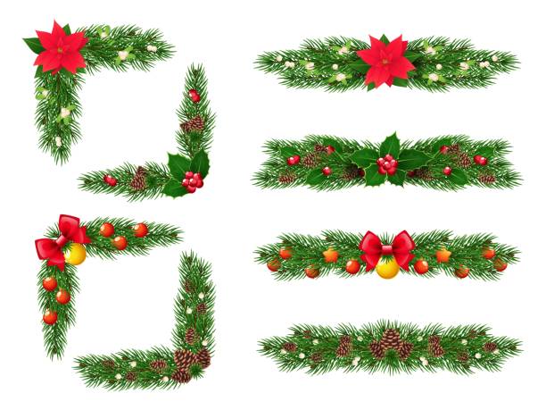 istock Christmas tree branches garlands. Pine needles, festive evergreen twigs decorations, holly, mistletoe, glass balls and bows, borders and frames isolated traditional winter holiday vector set 2172151745