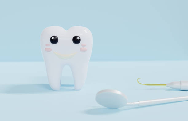 A smiling cartoon tooth stands on a blue background, with dental tools placed next to it. 3d render.