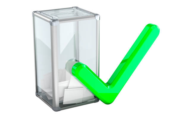 Election ballot box with green check mark, 3D rendering isolated on white background