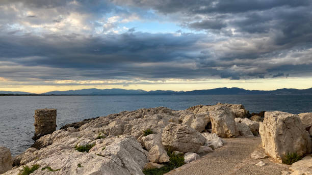 View of the Bay of Rosas from L'Escala in Spain at dusk
