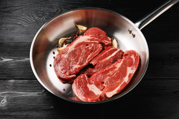 istock Beef steak in aluminum pan on black wooden table 2172175759