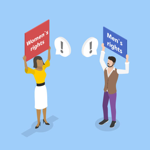 3D Isometric Flat Vector Illustration of Gender Conflict 3D Isometric Flat Vector Illustration of Gender Conflict, Workplace and Social Prejudice, Stereotypes and Discrimination woman strangles man stock illustrations