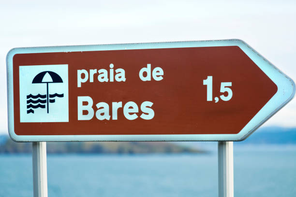Bares idyllic beachdirectional road sign, seascape in the background. A Coruña province, Galicia, Spain.