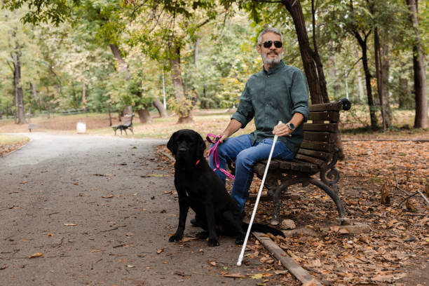 istock Man with visual impairment bonding with his dog in the park 2172180037