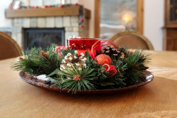 istock Christmas Table Holiday candle Decor with cones 2172181369
