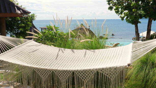 istock Tropical coastal hammock amid lush greenery overlooking tranquil sea, 2172182994