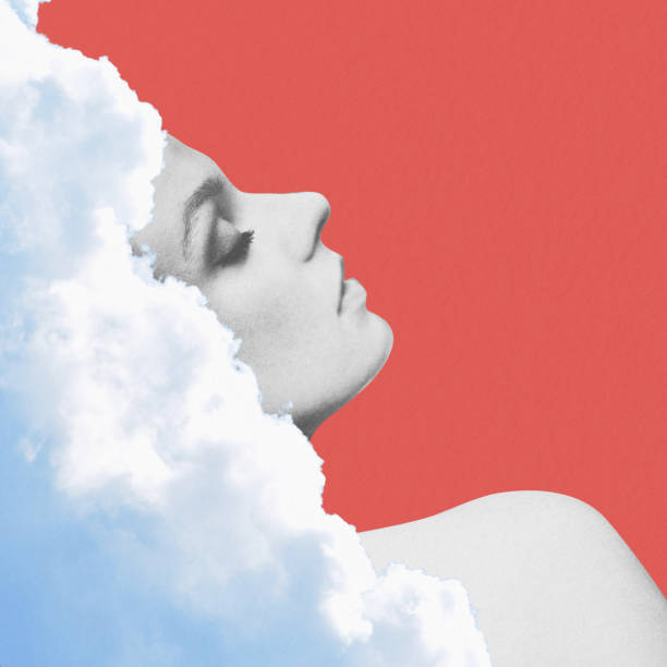 istock Surreal Woman Portrait with Clouds and Red Background 2172194193