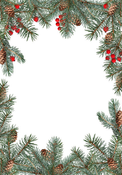 istock Festive Christmas frame made of conifer branches decorated with cones and artificial red berries. 2172198959