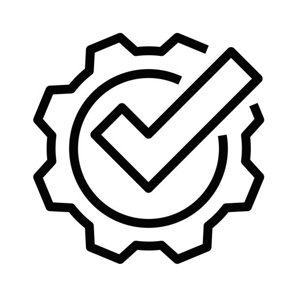 minimalistisches vektorsymbol eines zahnrads mit einem häkchen, das qualität, zulassung und mechanische prozesse darstellt. bearbeitbarer strich. - flicken stock-grafiken, -clipart, -cartoons und -symbole