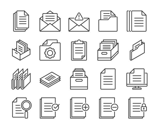 symbol dokumente. festlegen von symbolen für die dokumentenverwaltungszeile. bearbeitbarer strich. - dokumente stock-grafiken, -clipart, -cartoons und -symbole