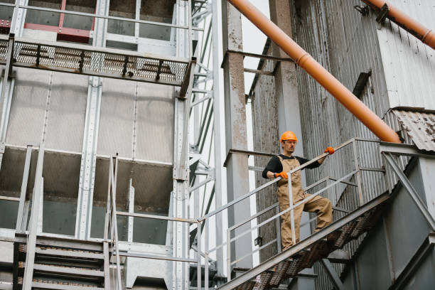 istock Specially skilled maintenance worker stand on a walkway overlooking grain bins that they are servicing. 2172206856