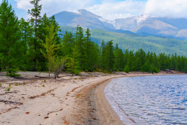 istock Forest lake shore with mountains in the background 2172210364