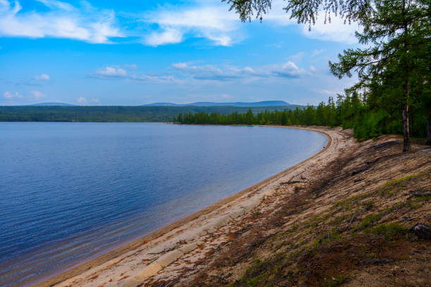 istock Sandy shoreline of a tranquil lake with forested edge 2172210437