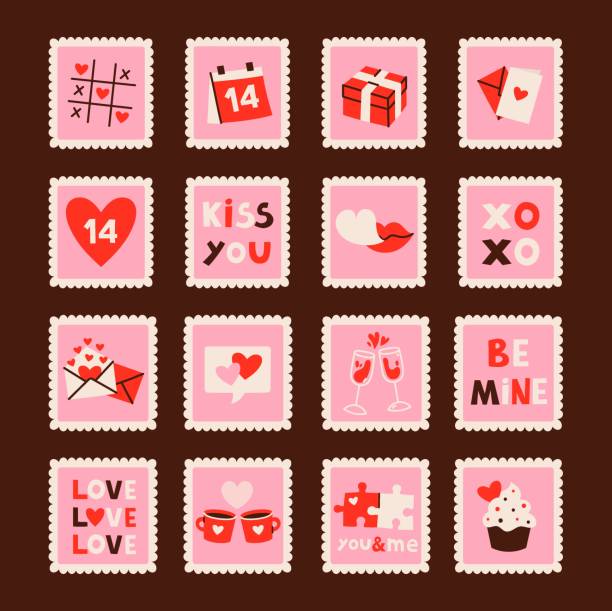 valentine's_stamp_set Set of romantic colorful stamps, for valentine's day, vector illustrations isolated on a dark background happy valentine day clip art stock illustrations