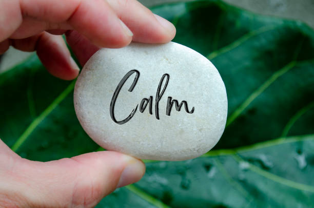 istock Calm text engraved on white stone with green leaf background. Calmness concept 2172223880