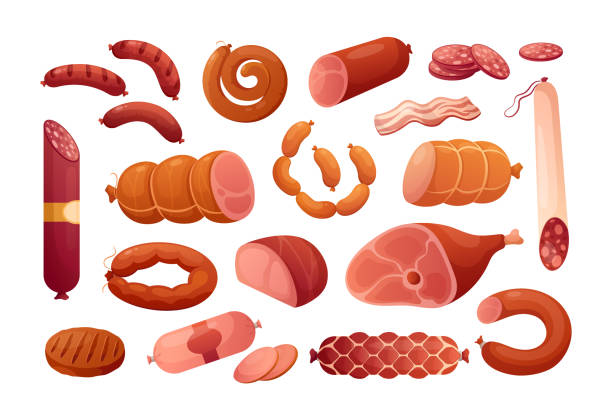 Meat products Meat products. Vector icon set of steak, salami, pork bacon, chicken, chorizo, ham, bbq frankfurters sausages, pepperoni. Meat market, butchery menu, shop products, grill bar. Barbecue delicatessen raw food stock illustrations