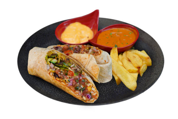 istock Burito CON TOCINO bacon on plate with sauces and fries 2172231197