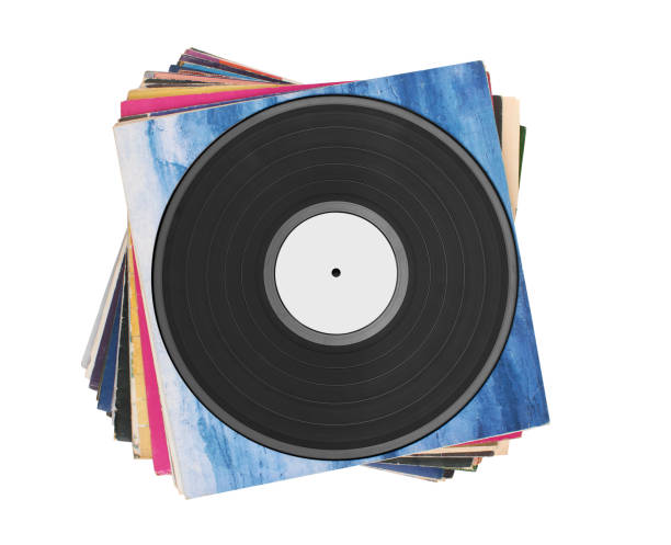 istock Vinyl record on a stack paper envelopes. Analog sound. Classic audio. Isolated on white 2172233894
