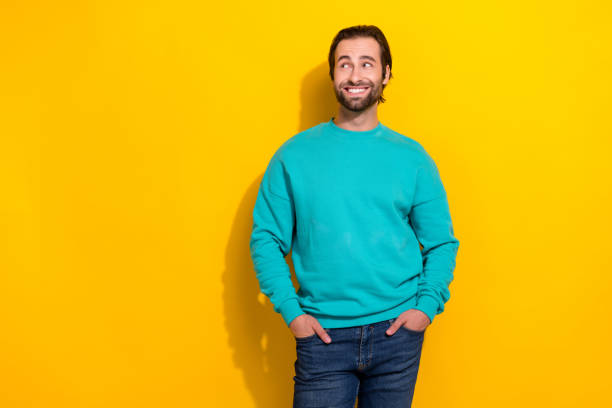 istock Photo of good mood brunet hair professional it coder guy looking empty space promo new google vacancy job isolated on yellow color background 2172237035