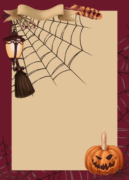 istock Halloween background vertical frame with creepy cute characters in cartoon style. Hand drawn blank with copy space. Beige and purple template for autumn graphic and spooky season card designs. 2172253659
