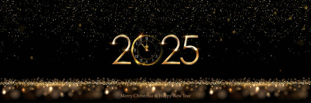 istock 2025 Happy New Year clock countdown background. Gold clock with glitter shining in light with sparkles abstract celebration. Greeting festive card vector illustration. Merry holiday poster design 2172254352