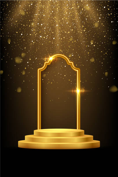 istock Gold 3d podium with frame on black background. Abstract empty golden award platform with glowing arch and glitter confetti sparkle falling rain. Vector illustration for product presentation 2172254356