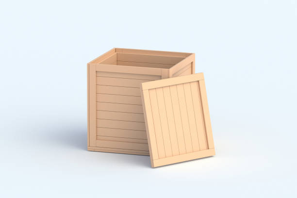 Open wooden shipping crate on gray background. Transportation box. Import, export goods. 3d render