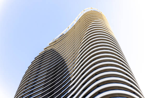 Modern apartment building against blue sky, background with copy space, full frame horizontal composition, Broadbeach, Gold Coast Queensland