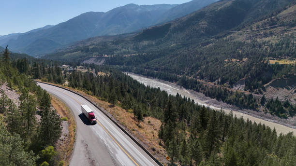 Aerial view of Highway 1 next to Fraser Canyon close to Lytton during a summer season in British Columbia, Canada.