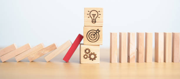 istock wood block falling to business icon with brainstorming, Target, goal, teamwork and strategy. risk management, Insurance and economic recession 2172274741