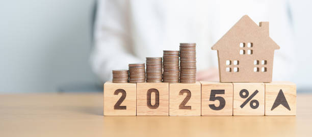 istock 2025 New Year with percentage change to UP and Down arrow, Home model and coin stack. Real estate Mortgage, Refinance, House loan and debt, Interest rate, Insurance, Financial and Property Tax 2172276895