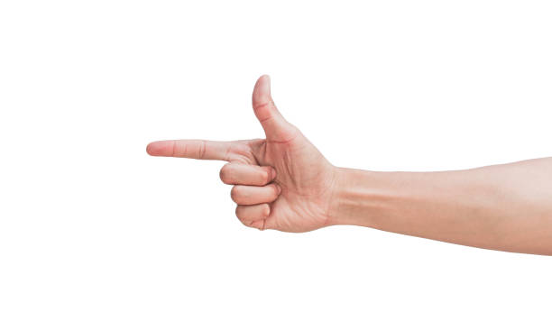 istock Man's hand pointing towards empty space isolated on white background. Clipping Path 2172278480