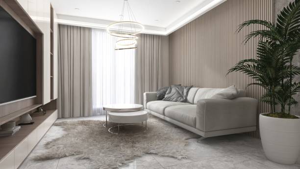 istock Modern, luxury living room with gray sofa, white coffee table on rug, tree, television in sunlight from sheer, beige blackout curtain for interior design decoration, product background 3D 2172279250