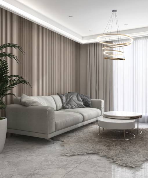 istock Modern, luxury living room with gray sofa, white coffee table on rug, tree in sunlight from sheer, beige blackout curtain for interior design decoration, product background 3D 2172279253