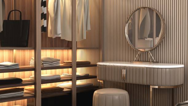 istock White marble top, beige vanity dressing table, steel frame round mirror, wardrobe, stool in sunlight on brown wood panel wall bedroom for luxury beauty, cosmetic, skincare product background 3D 2172280049