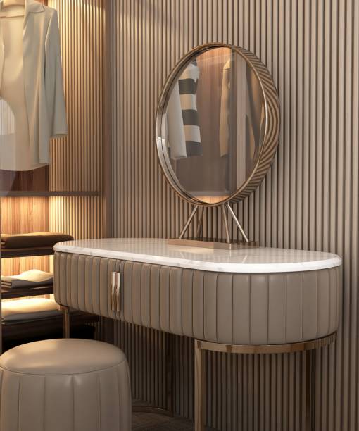 istock White marble top, beige vanity dressing table, steel frame round mirror, wardrobe, stool in sunlight on brown wood panel wall bedroom for luxury beauty, cosmetic, skincare product background 3D 2172280054