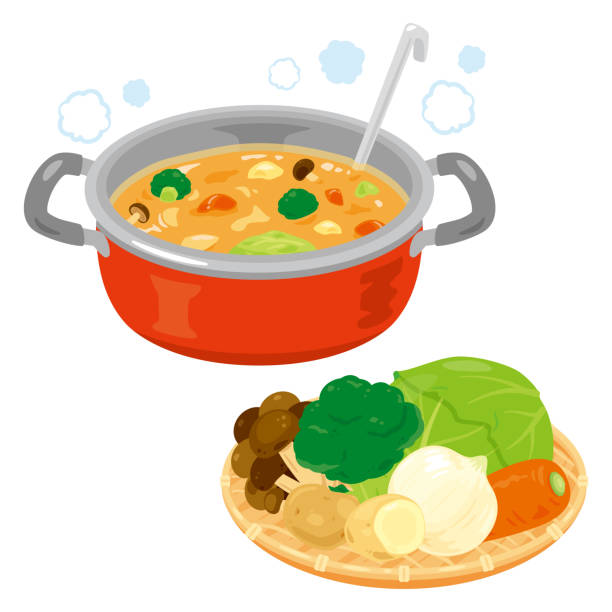 овощной суп в горшочке и овощи в бамбуковом дуршлаге - суп stock illustrations