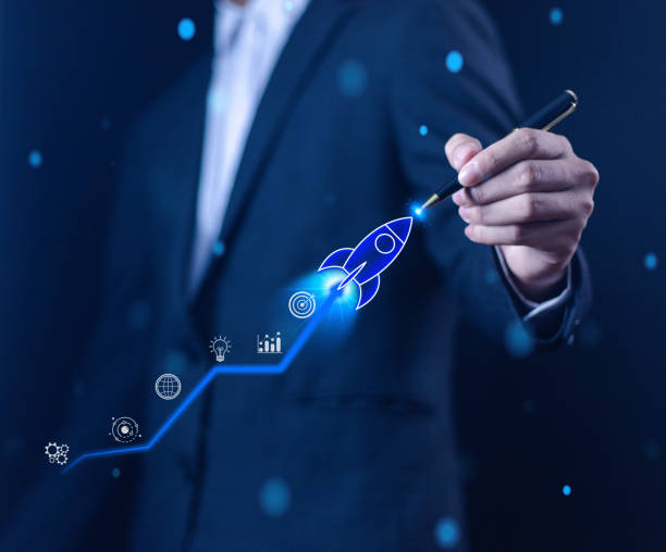 istock Businessman touching transparent rocket icon launching. Startup concept, rocket, growth, company, idea, success, digital, technology, marketing, finance, innovation, project, design, creativity. 2172283048