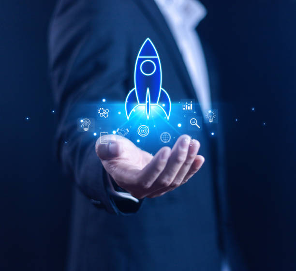 istock Businessman touching transparent rocket icon launching. Startup concept, rocket, growth, company, idea, success, digital, technology, marketing, finance, innovation, project, design, creativity. 2172283112