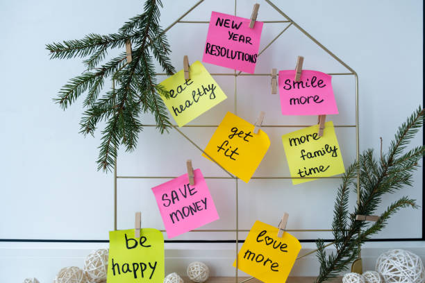 istock Vision board with new year resolutions aims goals on sticky notes. Preparation for New Year. Planning and setting goals for personal development 2172283855