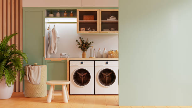 istock Mockup wall in a laundry room against a pastel green wall background- 3D rendering 2172285442
