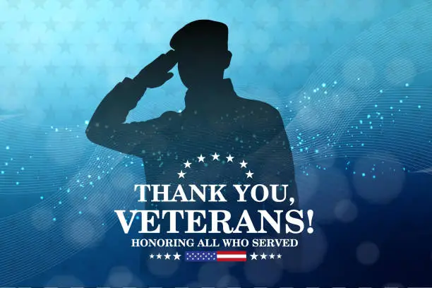 Silhouette of a soldier saluting on blue background and USA flag Silhouette of a soldier saluting on blue background and USA flag