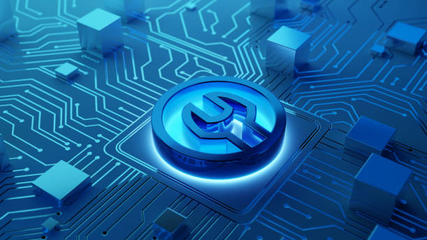 Digital repairing, under construction 3d symbol on an abstract circuit board.