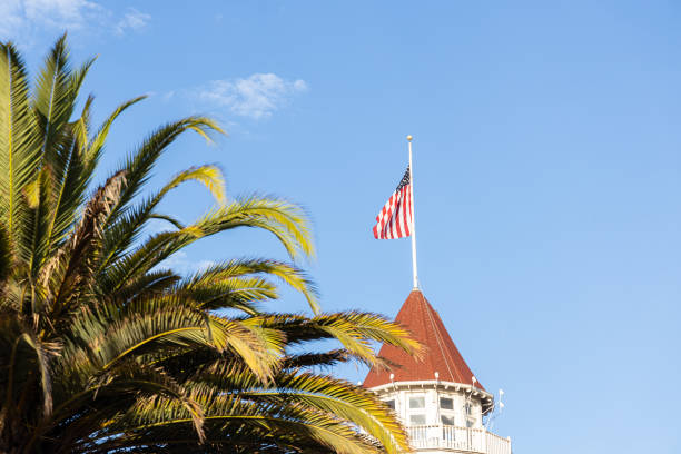 istock Tiled red and white tower with the american flag in it. 2172305308