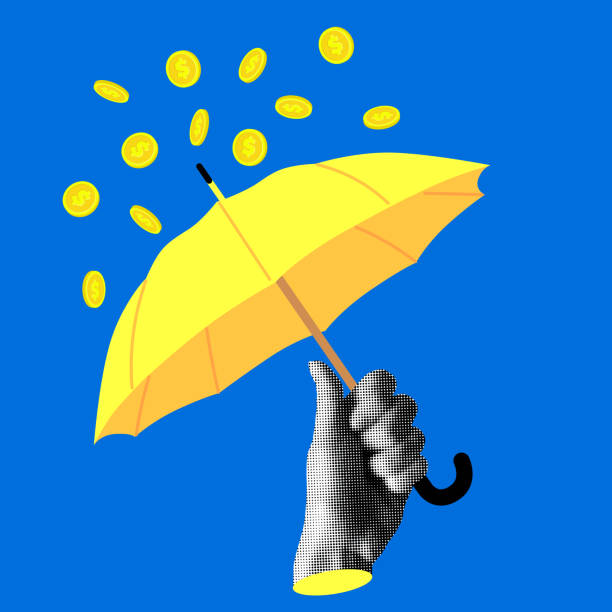 istock Halftone hand holding umbrella protecting from golden coin rain 2172307079