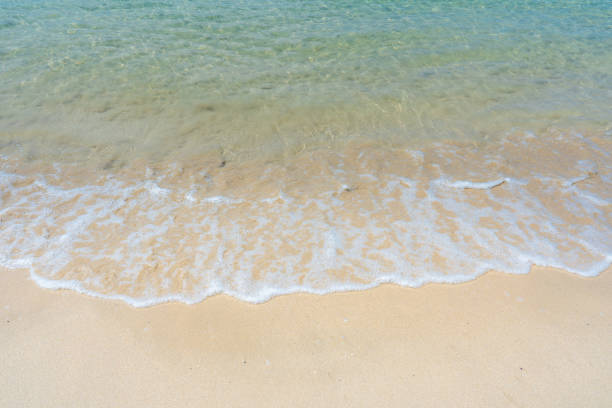 Beach sand background for summer vacation concept. Beach nature and summer seawater with sunlight light sandy beach Sparkling sea water contrast with the blue sky.