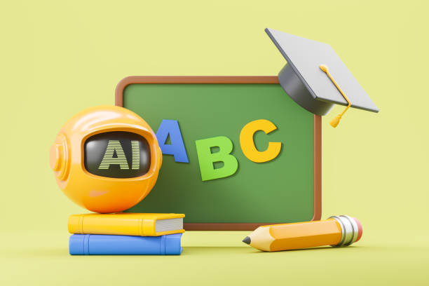 AI robot near chalkboard with abc, graduation cap and books on colored background. Concept of robot training and machine learning. 3D rendering illustration