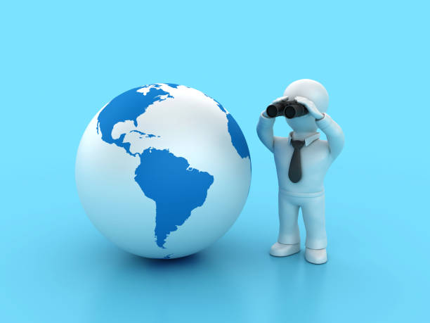 Globe World Map and Cartoon Business Person with Binoculars - Colored Background - 3D rendering